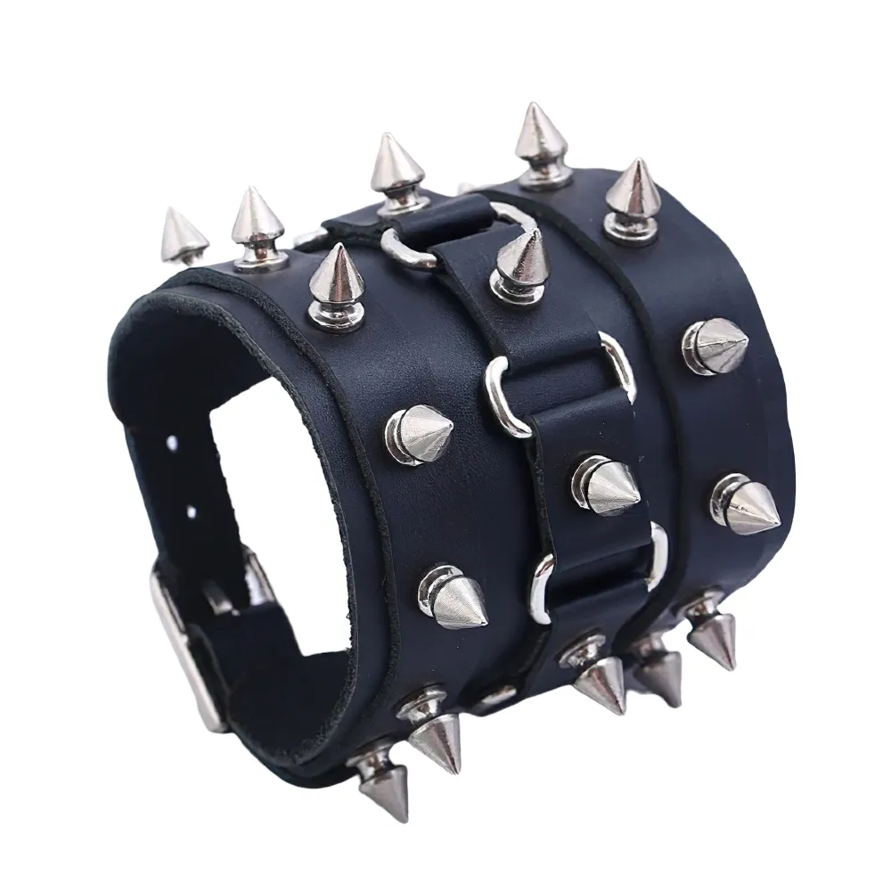 Unique Three Row Cuspidal Spikes Rivet Stud Wide Cuff / Gothic Leather Bracelet