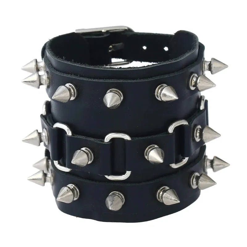 Unique Three Row Cuspidal Spikes Rivet Stud Wide Cuff / Gothic Leather Bracelet