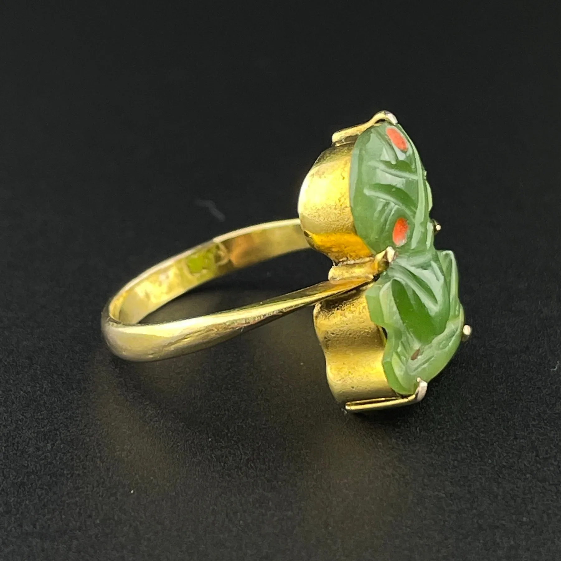 Vintage 9K Gold Jade Frog Cutout TIki Ring, Sz 4 3/4