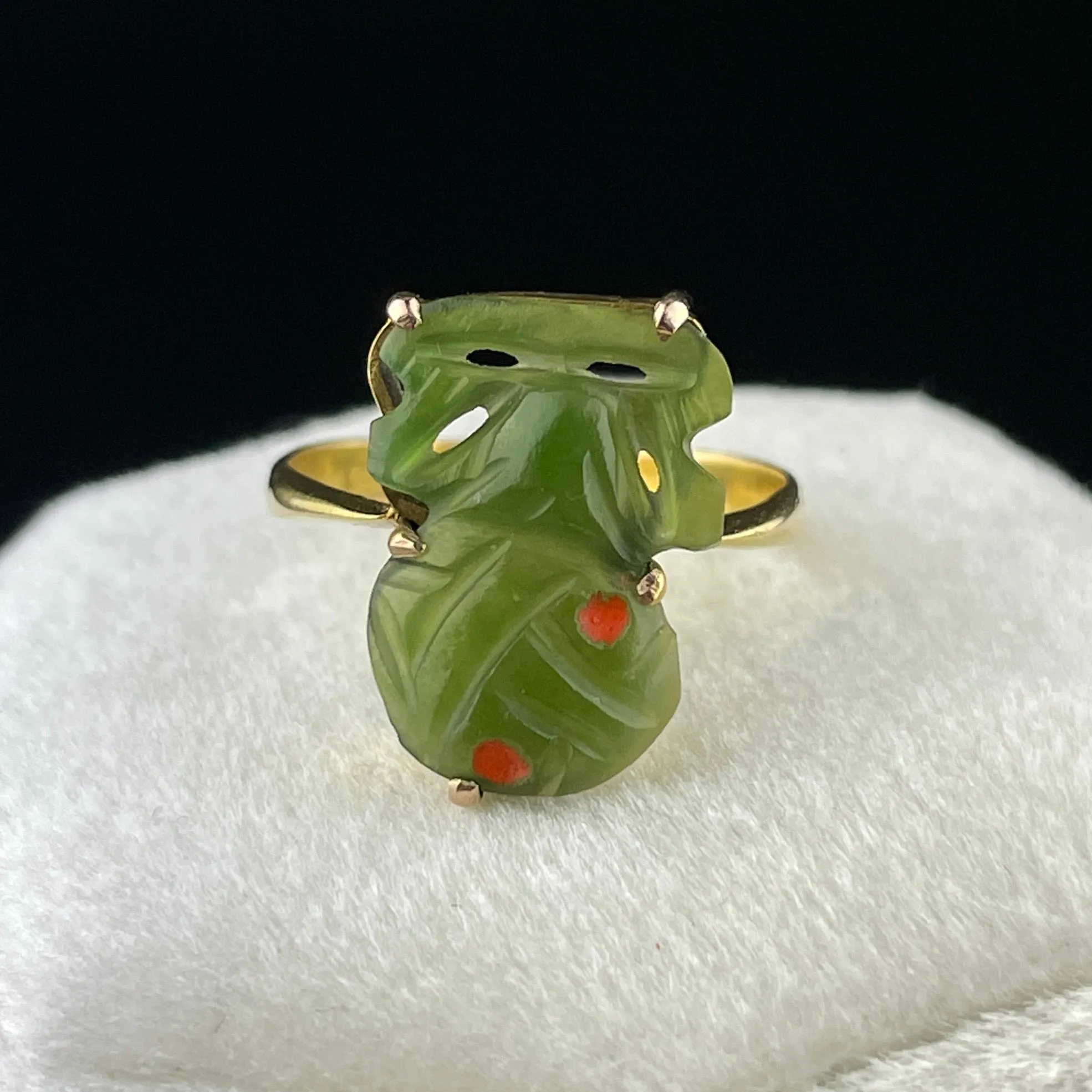 Vintage 9K Gold Jade Frog Cutout TIki Ring, Sz 4 3/4