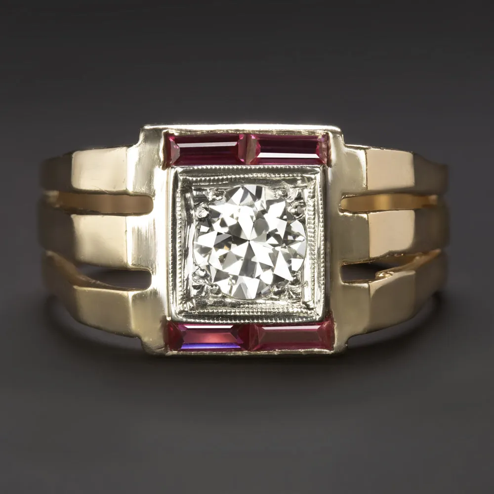 VINTAGE DIAMOND RUBY CHUNKY COCKTAIL RING MENS 14k YELLOW GOLD ART DECO OLD CUT