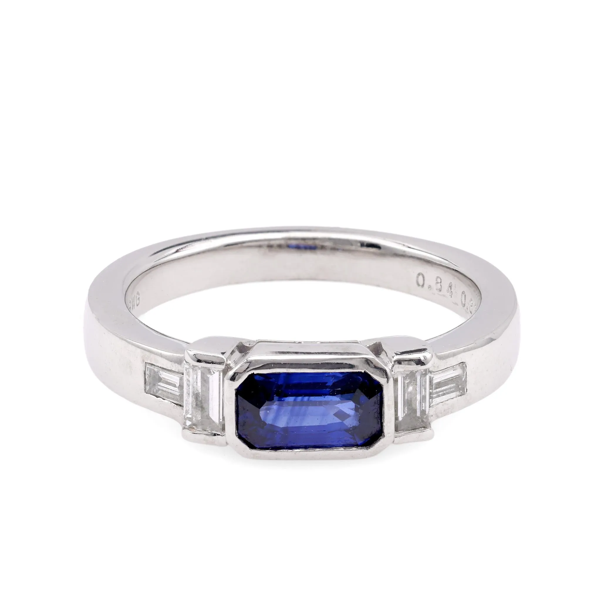 Vintage Emerald Cut Sapphire Diamond 18K White Gold Ring