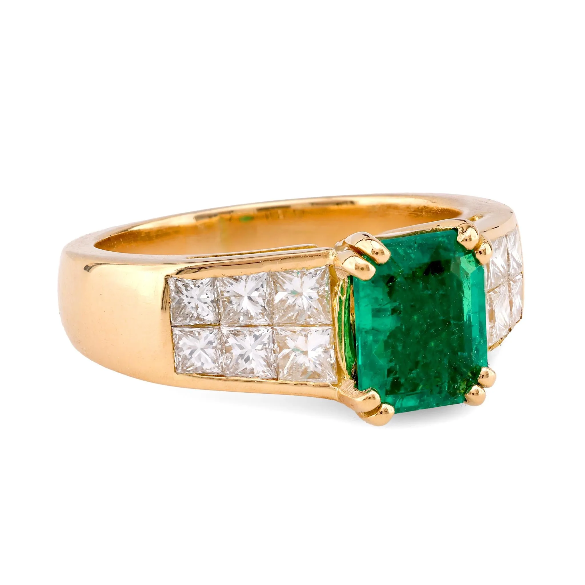 Vintage French GIA 1.25 Carat Colombian Emerald Diamond 18K Yellow Gold Ring