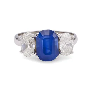 Vintage GIA 3.65 Carat Ceylon Sapphire Diamond Platinum Three Stone Ring