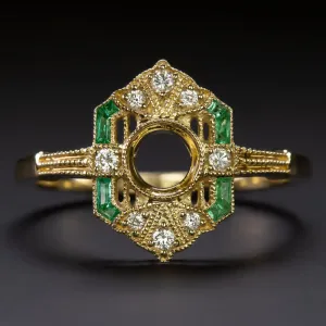 VINTAGE STYLE EMERALD DIAMOND RING SETTING 14K GOLD SEMI MOUNT COCKTAIL ART DECO