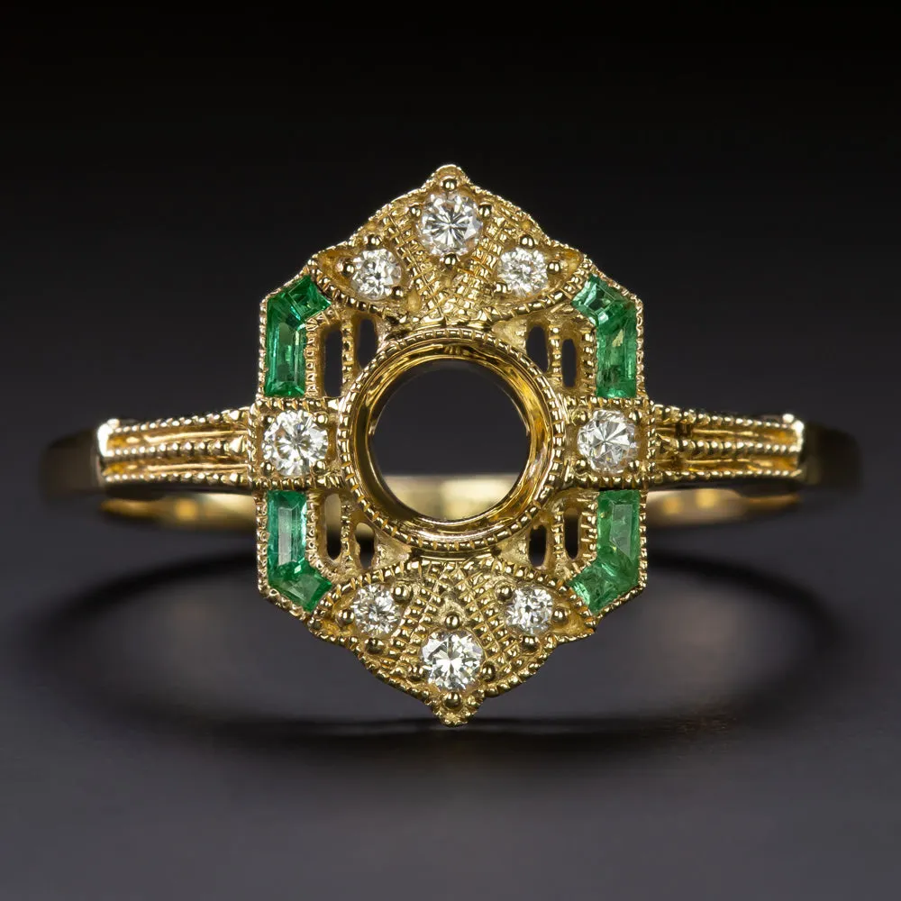 VINTAGE STYLE EMERALD DIAMOND RING SETTING 14K GOLD SEMI MOUNT COCKTAIL ART DECO