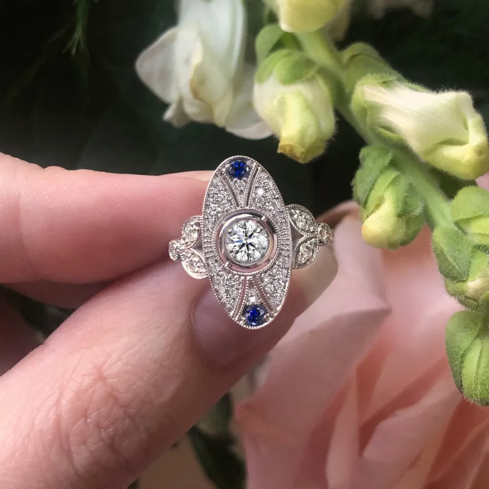 VINTAGE STYLE LAB CREATED DIAMOND SAPPHIRE COCKTAIL RING 14k EDWARDIAN ROUND CUT