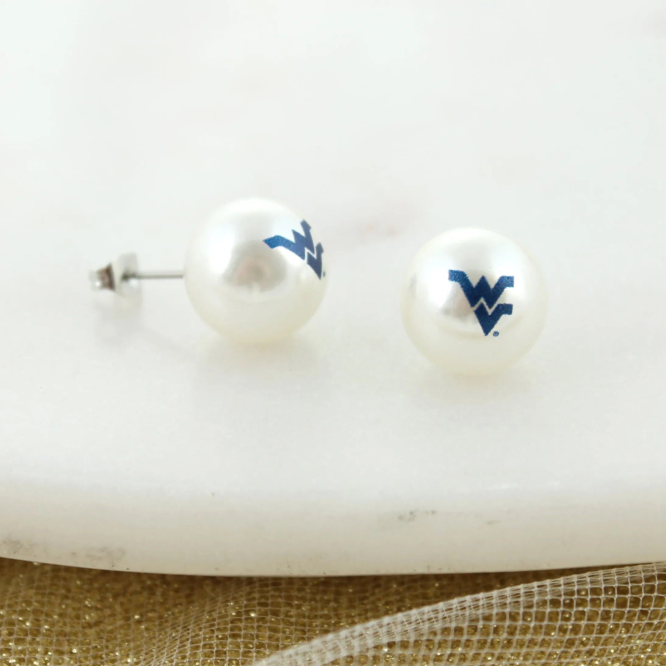 West Virginia Logo Pearl Stud Earrings