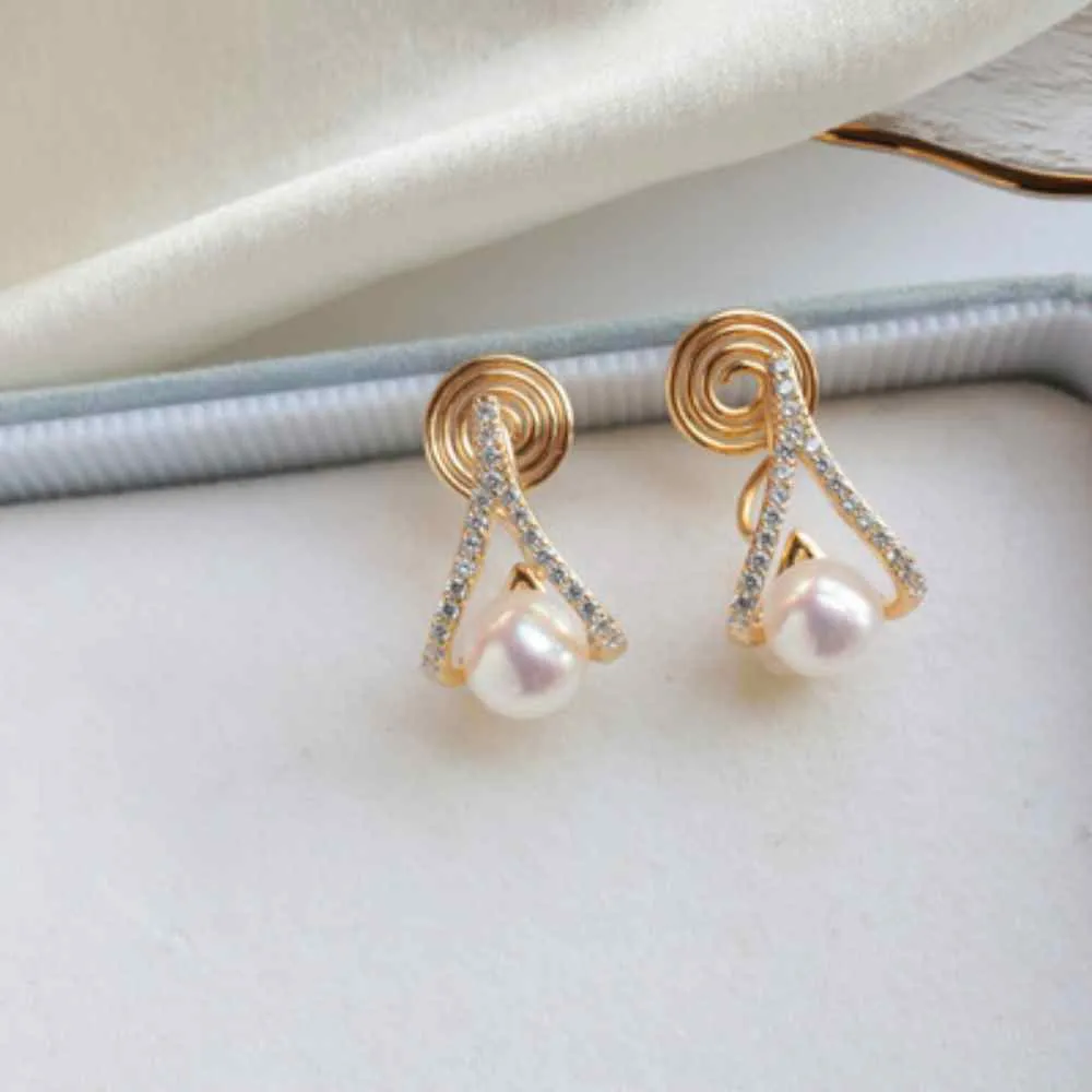 White Freshwater Pearl & Triange Cubic Zirconia Crystal CZ Coil Clip On Earrings