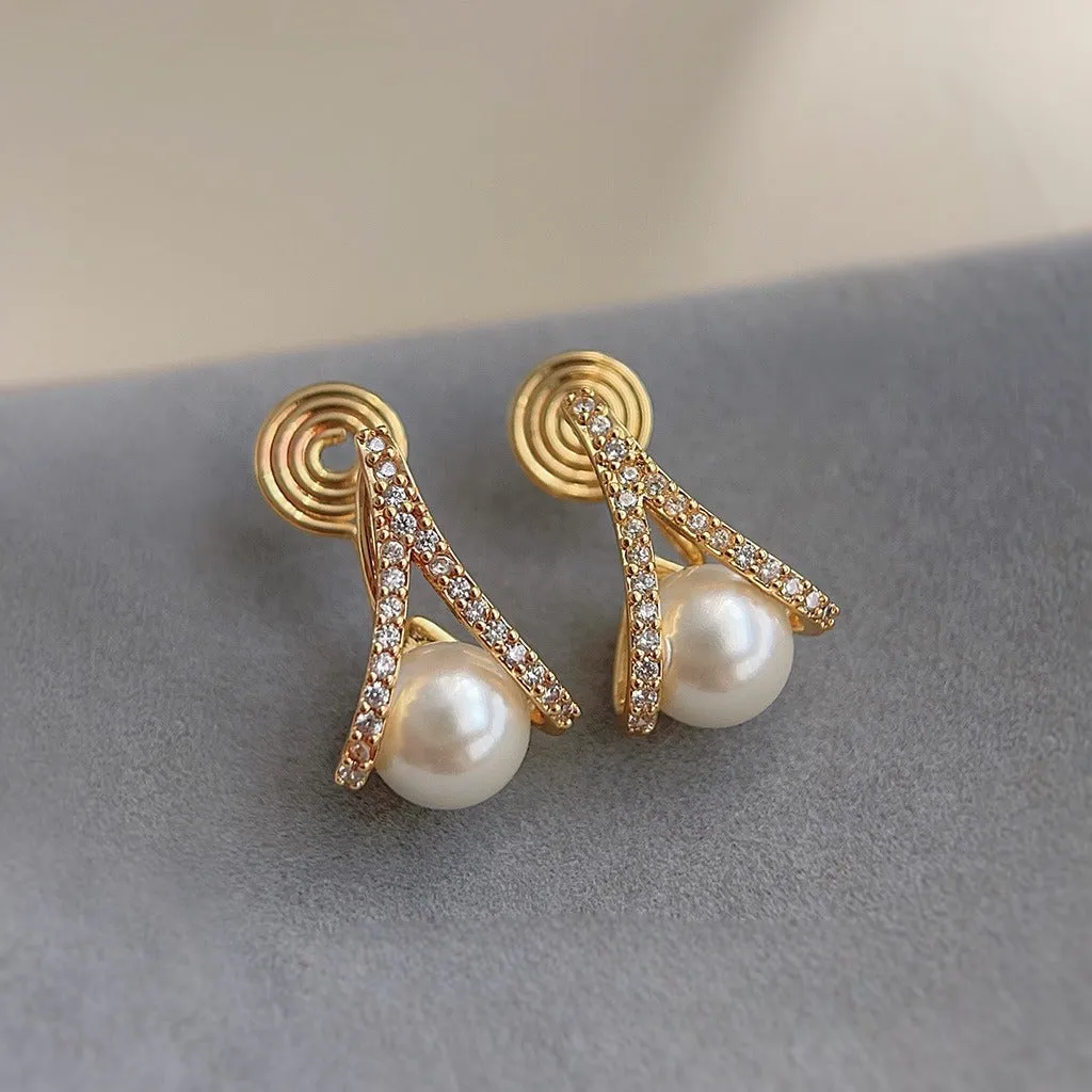 White Freshwater Pearl & Triange Cubic Zirconia Crystal CZ Coil Clip On Earrings