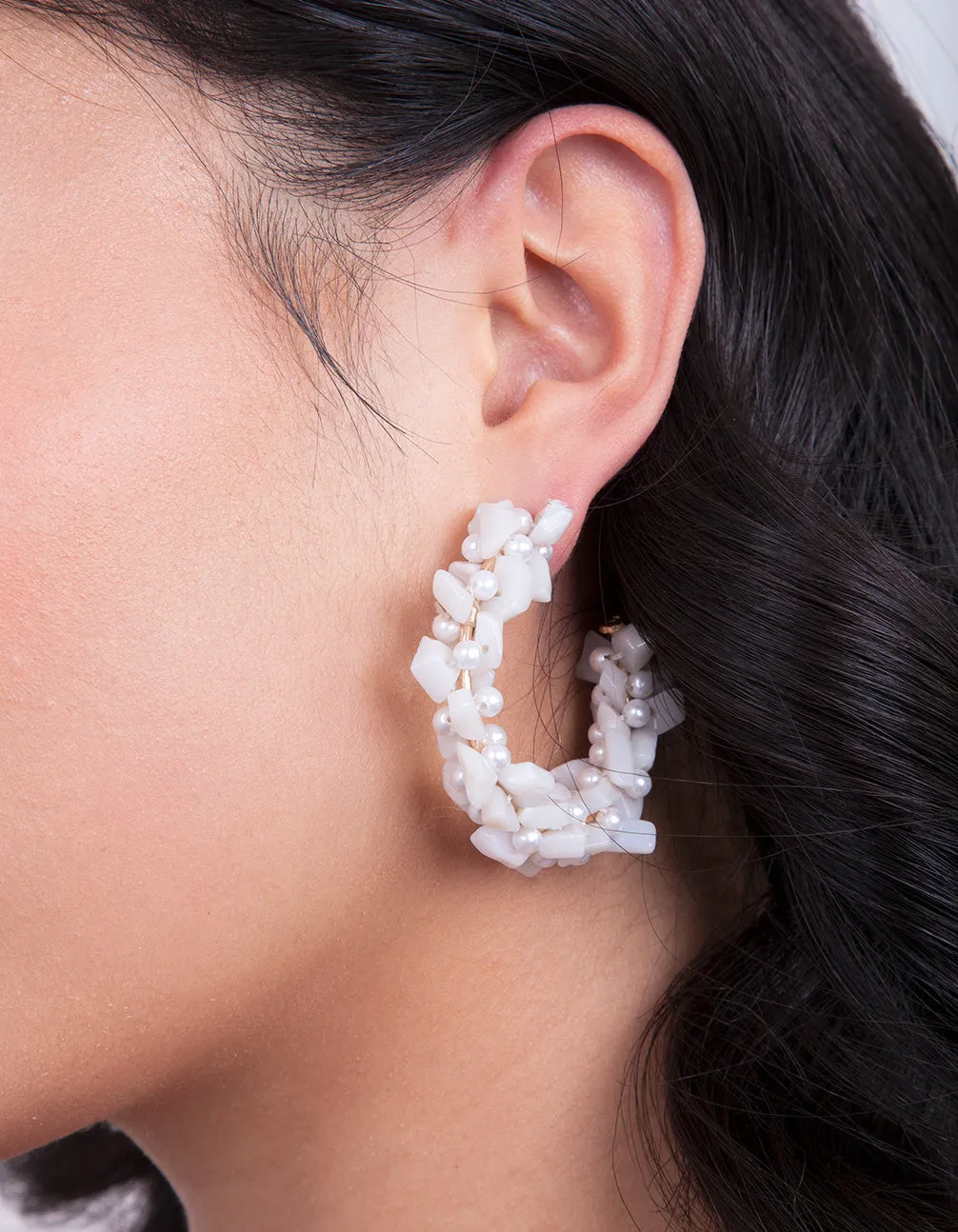 White Stone Pearl Hoop Earrings