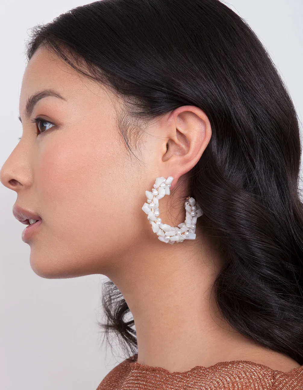 White Stone Pearl Hoop Earrings