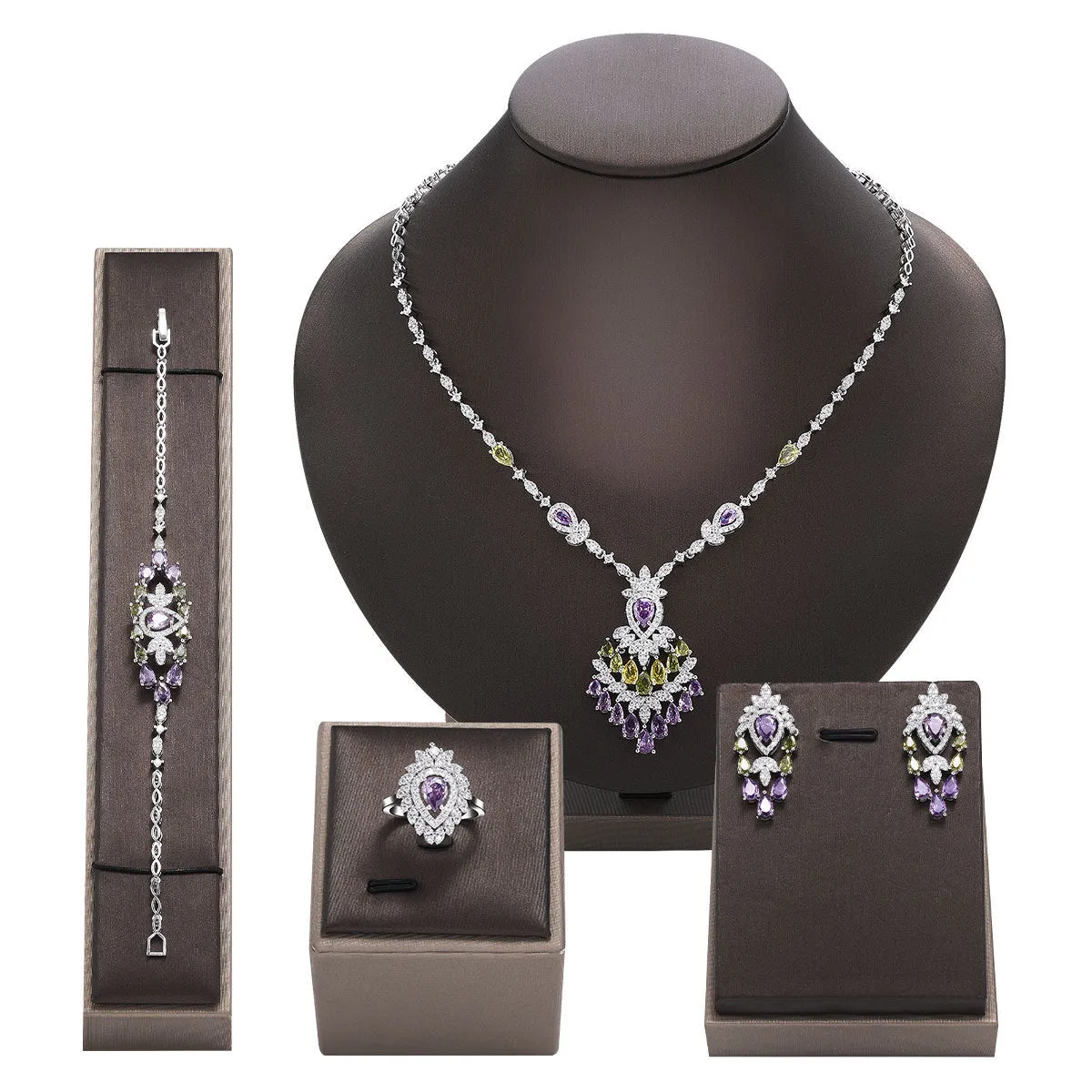 Zirconium Necklace Earrings 4-piece Jewelry Set